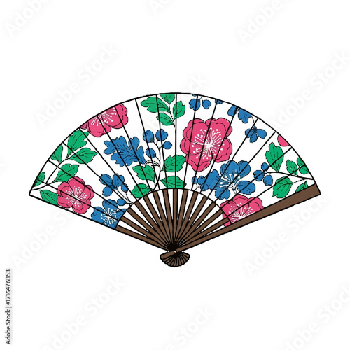 Traditional japanese folding fan adorned with colorful floral pattern featuring pink and blue flowers and green leaves, isolated on transparent, evoking elegance and artistry
