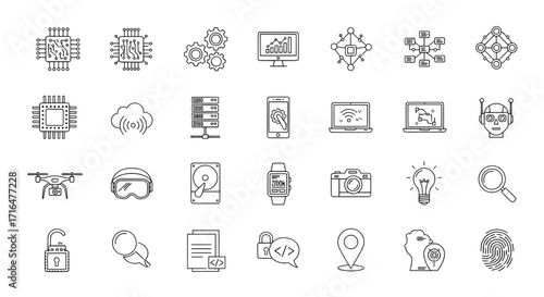 Modern technology icon set depicting innovation and digital advancements