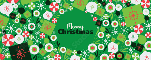festive green Christmas pattern with red and white gifts, candy accents, and merry Christmas greeting banner