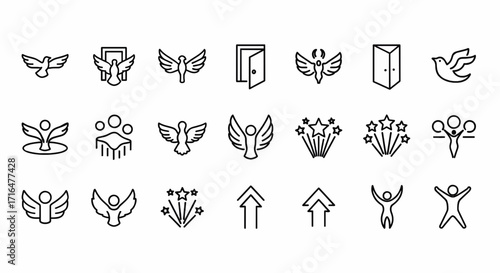 Minimalist line icon set symbolizing freedom, success, and spiritual growth with wings, open doors, and abstract figures