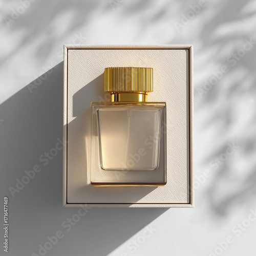 Elegant perfume bottle with gold cap in white box, minimal luxury product photography
