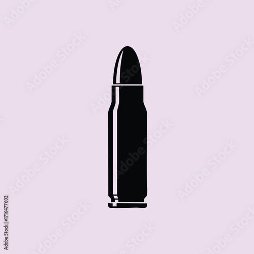 Black silhouette of a single bullet cartridge isolated on a light purple background with reflective highlights