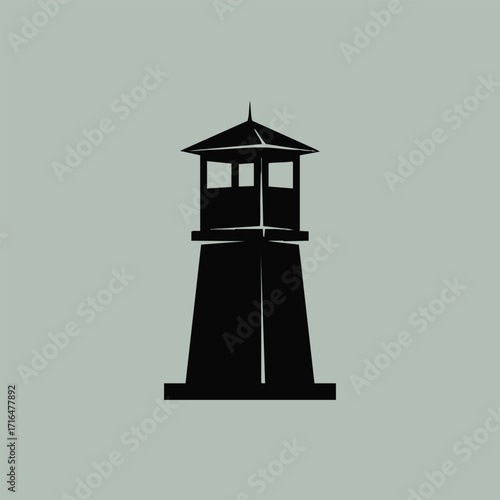 Minimalist black silhouette of a lighthouse tower with a pointed roof on a muted gray background