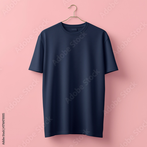 Navy oversized t-shirt mockup on hanger with crew neck and short sleeves over pink background