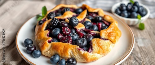 Rustic blueberry galette, golden crust, juicy berries on a plate,   flatlay,  dessert photography