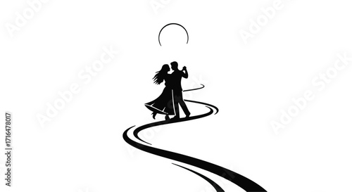 Silhouettes of a couple dancing joyfully on a winding path under a luminous moon.