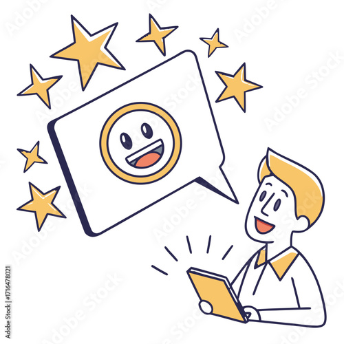 A man gives a five-star rating with a happy emoji on his tablet. Vector illustration concept for customer satisfaction and positive online user experience