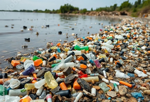 Plastic debris accumulating in a polluted river, harming wildlife,  ecological damage,  environmental crisis