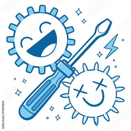 Whimsical illustration of mechanical gears, one broken and one joyful, with a screwdriver actively repairing them, symbolizing successful problem-solving and restoration