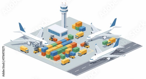 Isometric Airport Scene Featuring Airplanes, Trucks, and Cargo Containers