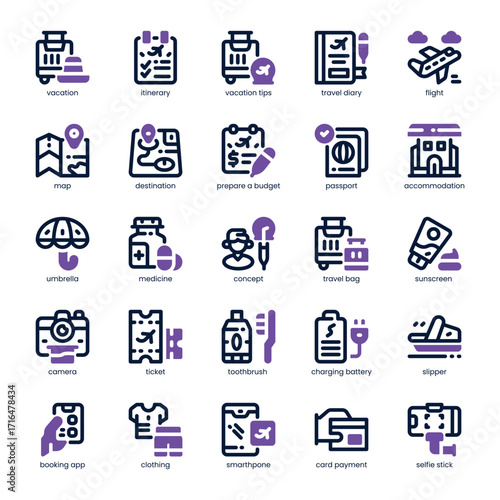Vacation Planning Icon pack for your website, mobile, presentation, and logo design. Vacation Planning Icon dual tone design. Vector graphics illustration and editable stroke.