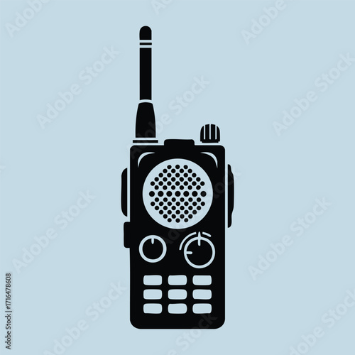 Black silhouette of a handheld two-way radio communication device with buttons and antenna on light background