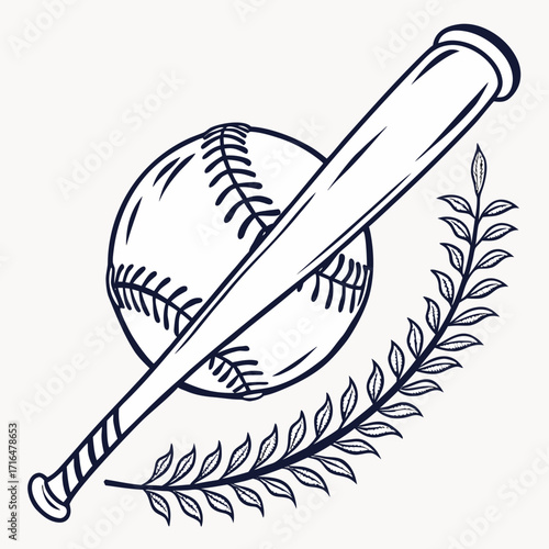 Baseball Icon with Ball, Bat, and Laurel Wreath A Sports-Themed Illustration