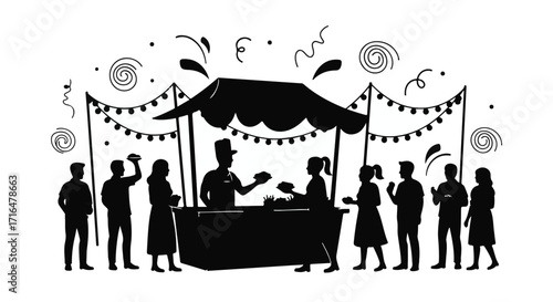 People enjoying food and drinks at a lively outdoor market stall with festive decorations.