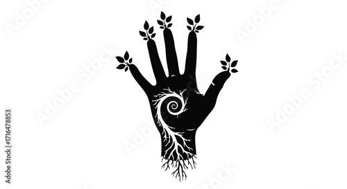 Hand silhouette with growing roots and leaves symbolizing nature's connection and life cycle.