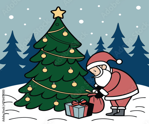 Santa Claus Placing Gifts Under Christmas Tree, Festive Snowy Outdoor Holiday Scene