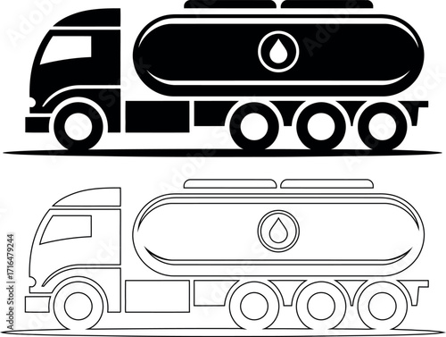 Fuel transport truck icon design in black and white color