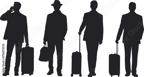 Business travel silhouette, luggage carrying, professional attire, walking pose, mobile phone, duffel bag, suitcase, airport scene, black figures, travel concept, corporate mobility