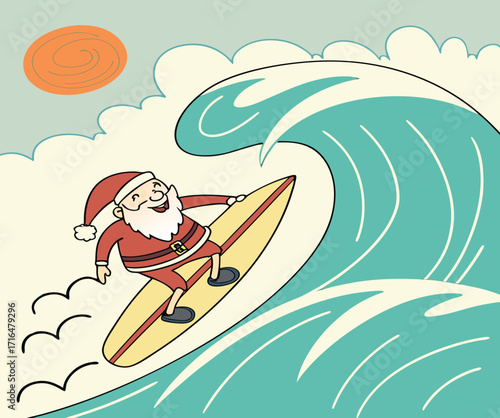 Santa Claus Surfing on Ocean Wave, Tropical Christmas Cartoon with Orange Sun and Clouds