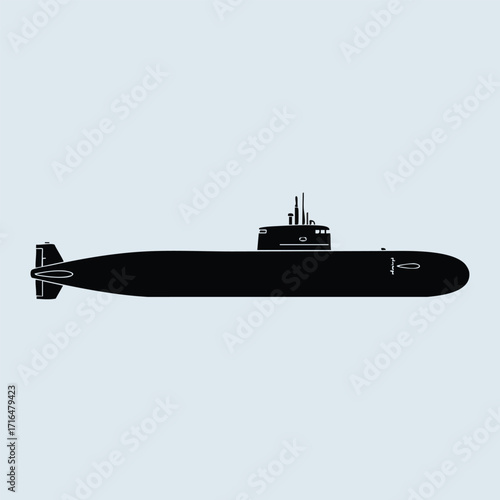 Black silhouette of a modern submarine with antennas and rudder isolated on light blue background in side view