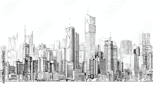 Cityscape Drawing with Skyscrapers and Urban Landscape in Vector Art
