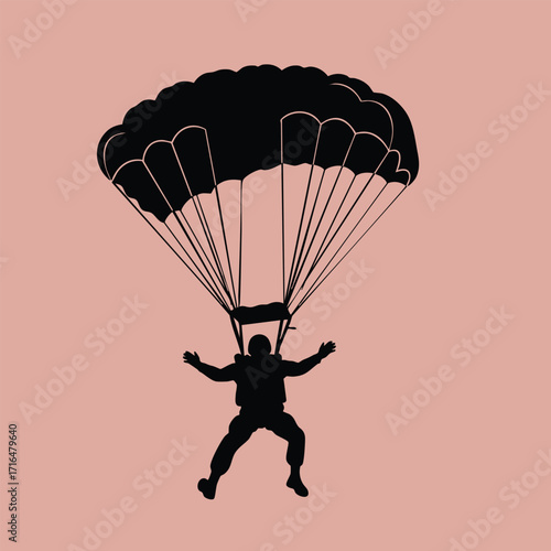 Silhouette of a person descending with an open parachute against a plain muted background in midair