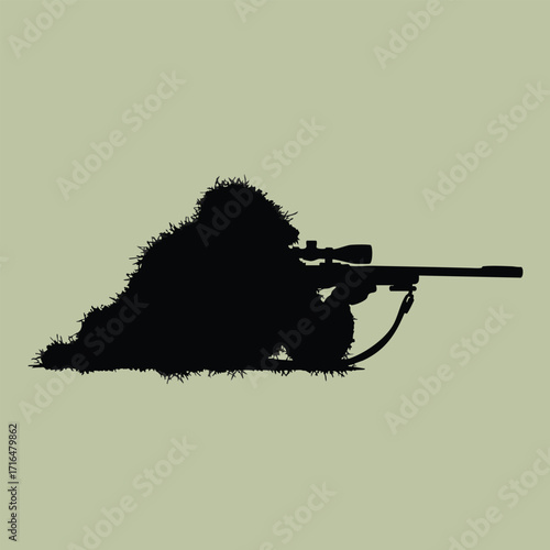 Silhouette of a sniper in camouflage prone position aiming a scoped rifle against a plain background