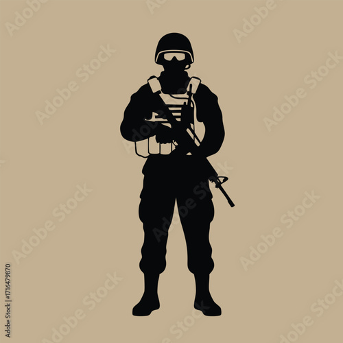 Silhouette of a soldier wearing tactical gear and holding a rifle standing against a plain background