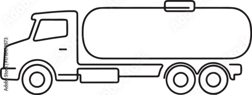 Black outline drawing of a tanker truck with two rear axles on white Keywords: tanker truck, fuel truck, oil
