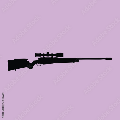 Silhouette of a precision sniper rifle with scope on a solid pastel purple background isolated