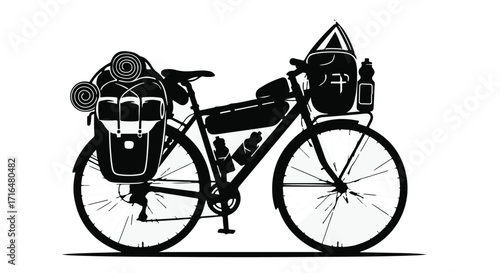 Fully equipped touring bicycle ready for an adventure on a white background