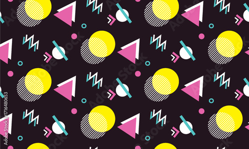 Abstract geometric seamless pattern in 80s Memphis style. Retro background with bright circle and triangle shapes for textile and cover design.