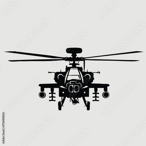 Front view silhouette of a military attack helicopter with rotor blades and weaponry against a plain background