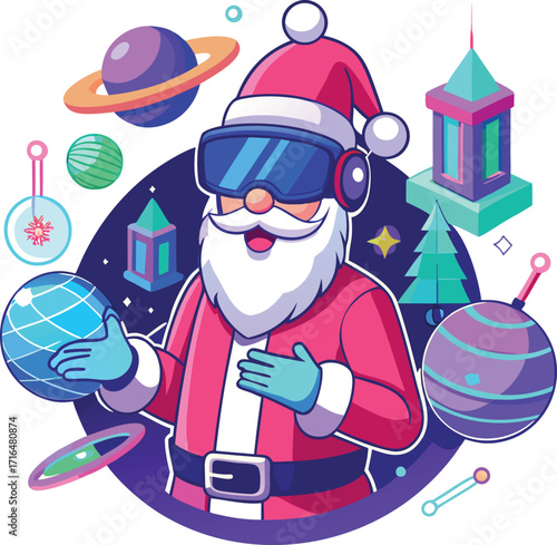 Santa wearing a VR headset, exploring a virtual Christmas world