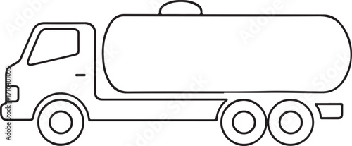 Black outline drawing of a tanker truck with two rear axles on white Keywords: tanker truck, fuel truck, oil