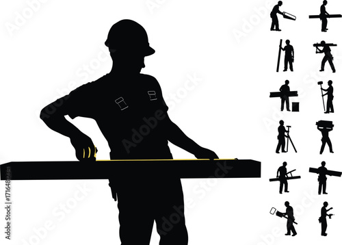 Construction, Worker, Silhouette, Tool, Survey, Equipment, Hardhat, Labor, Manual, Grid, Blackwhite, Posture, Task, Technique, Safety, Beam, Blueprint, Interaction, Structure, Industrial