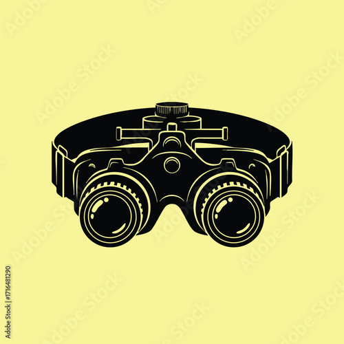 Black silhouette illustration of vintage binoculars with adjustable lenses and head strap on yellow background
