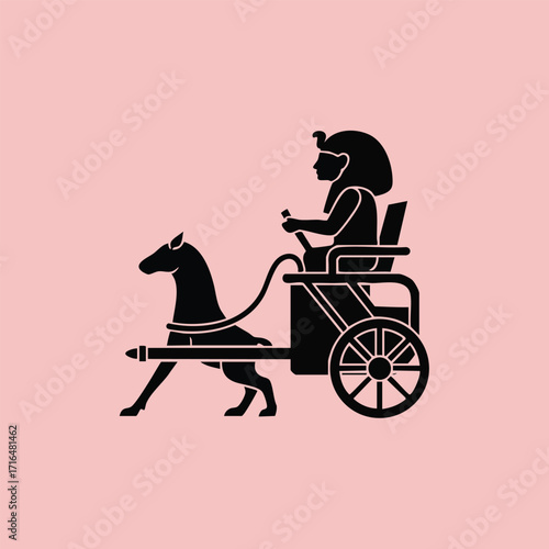 Silhouette of an ancient Egyptian chariot with a warrior riding and a horse pulling it on a pink background