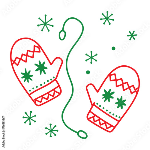 Charming illustration of a pair of red and blue mittens connected by a white string decorated with festive elements