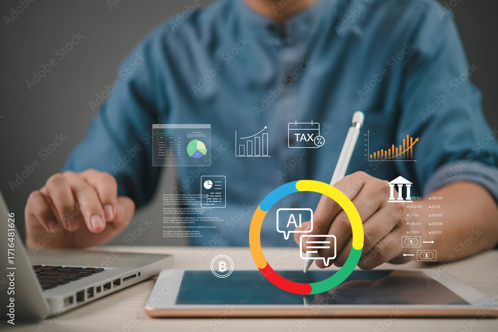 Ταπετσαρία finance analyst uses ai assistant on tablet with tax chart banking icons crypto and kpi dashboard at desk to automate bookkeeping forecast cash flow concept fintech productivity