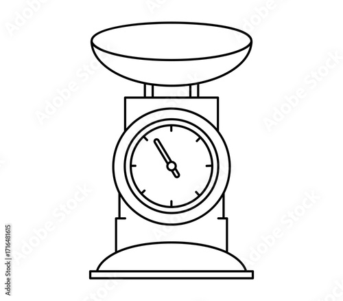 Hand drawn cute outline illustration of empty mechanical scales. Flat vector mass measurement device line art doodle. Kitchenware culinary icon or print. Healthy eating or diet concept. Isolated.