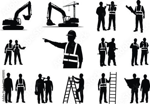 Construction, Workers, Silhouette, Equipment, Blueprint, Crane, Ladder, Tablet, Hardhat, Site, Planning, Gesture, Grid, Blackwhite, Industrial, Manual, Labor, Structure, Project, 