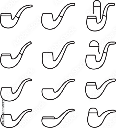 Collection of twelve outline smoking pipe icons with variations Keywords: pipe, smoking, tobacco, icon