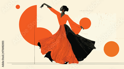 Vibrant Woman Dancing in Orange and Black Poster Design