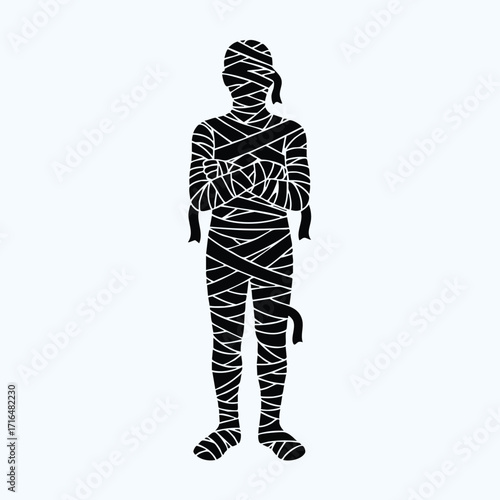 Silhouette of a person completely wrapped in bandages standing with arms crossed on a plain background