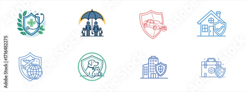 Insurance Policy Vector Icon Set with Symbols for Health Life Auto Home Travel and Business Protection
