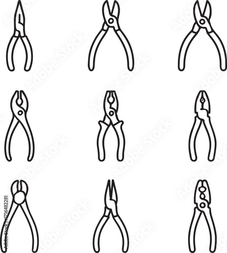 Collection of nine different types of pliers in outline style tools hand tools