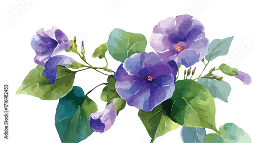 Vibrant Watercolor Painting of Purple Flowers and Green Leaves