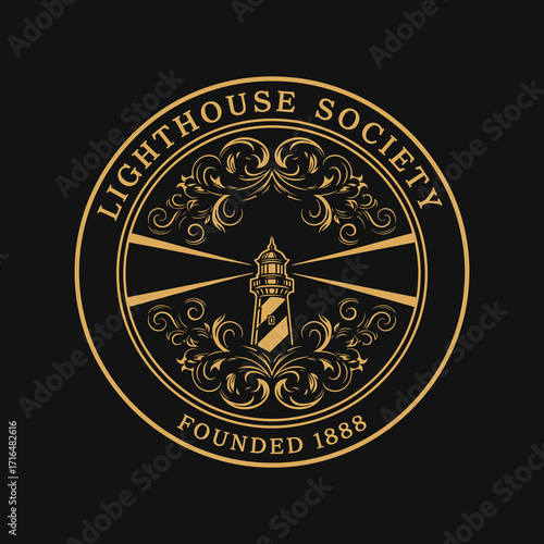 A vintage circular gold and black logo for the Lighthouse Society, founded in 1888, featuring an ornate lighthouse emblem.