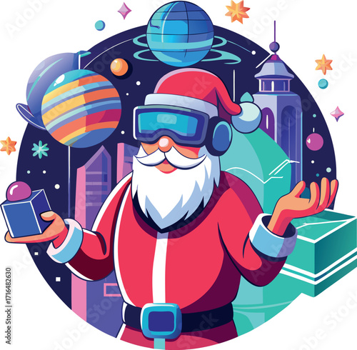 Santa wearing a VR headset, exploring a virtual Christmas world